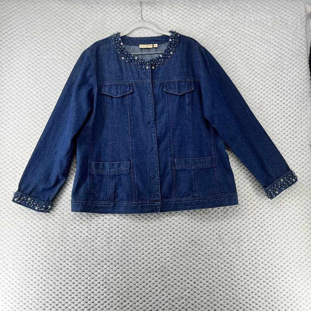 Vintage Festival Denim Jacket Beaded Collar‎ & Cuffs Button Front Dark Wash L